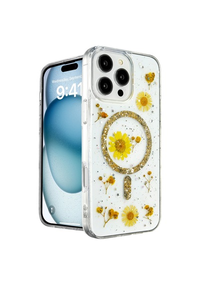 Newface - 324 - Apple iPhone Uyumlu 16 Pro Kılıf Daisy Simli Magsafe Kapak - Csmo-tex - - Gold