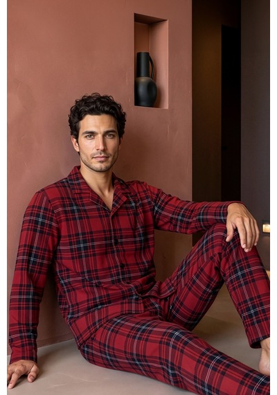 Nisanca Exclusive Erkek Süet Ekose Gömlek Yaka Pijama Takımı - Retro Erkek Pijama Bordo