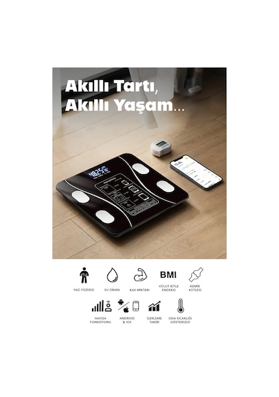Dijital Bluetooth Baskül - Yağ Su Kas Vücut Kitle Endeksi Kilo Ölçer Tartı Vücut Analiz Cihazı Siyah