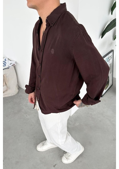 Kahverengi Nakışlı Oversize Modal Gömlek Kahverengi