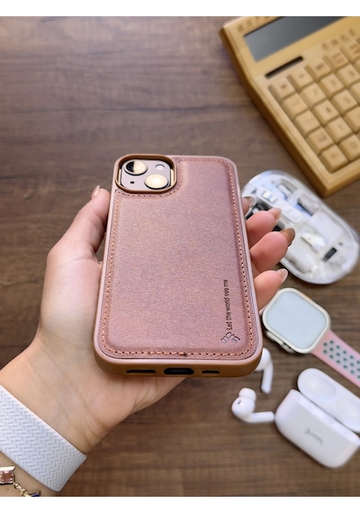 Apple iPhone 14 Uyumlu Premium Deri Dokulu Darbelere Karşı Dayanıklı Nazal Silikon Kılıf Kahverengi