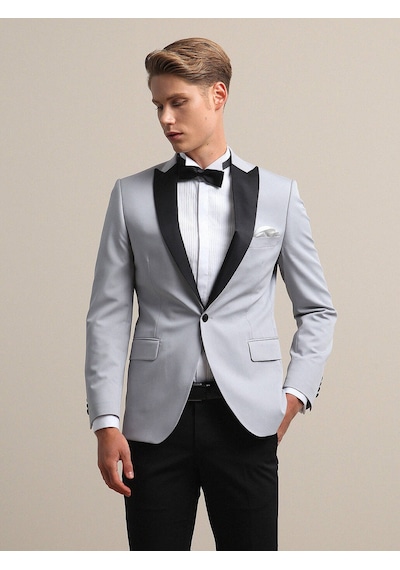 Kip Açık Gri Slim Fit Kelebek Yaka Dokuma Smokin Takım Elbise Çok Renkli Kip Açık Gri Slim Fit Kelebek Yaka Dokuma Smokin Takım Elbise Çok Renkli