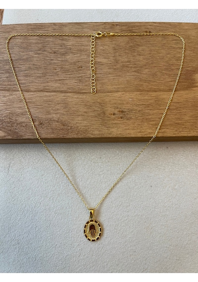 925 Ayar Gümüş Gold Renk Fatma Ana Eli Zincirli Kolye Ucu 45cm
