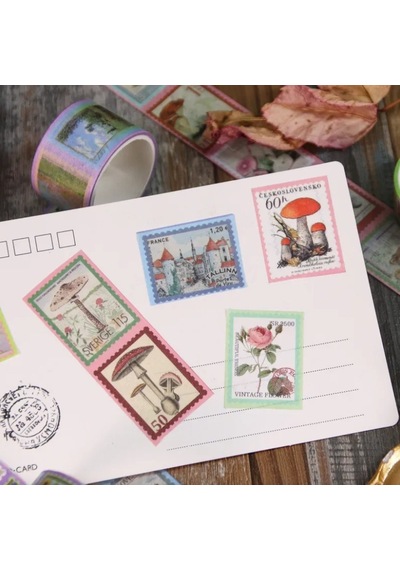 Vintage Washi Tape Bant Baskılı Yapışkanlı Maskeleme Kağıdı Desenli Bant 10'lu - Mor Pul Mektup 1