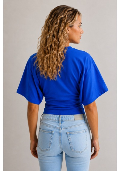 Overmax Bele Oturan Oversize Kollu Premium Crop Bluz Mavi - 880759104 Mavi