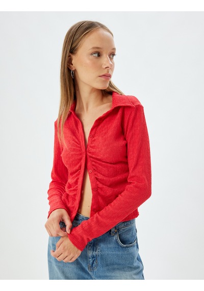 Koton Uzun Kollu Tişört Gömlek Yaka Düğmeli Slim Fit Dokulu Kırmızı 5wal10501ık Kırmızı