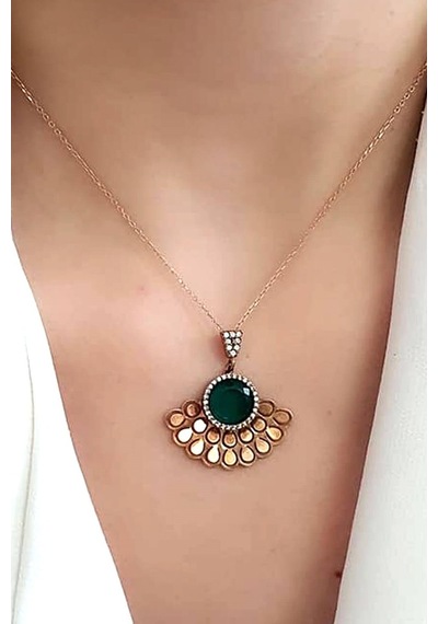 Yeşil Zirkon Taşlı Gümüş Rose Kolye (482810362)