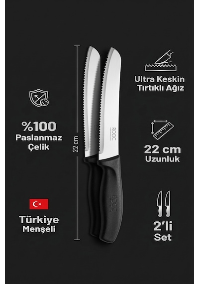 Makri Home Makri Home 2'li Ultra Keskin Tırtıklı Bıçak Seti, Siyah 22 Cm Paslanmaz Çelik Beyaz - Siyah