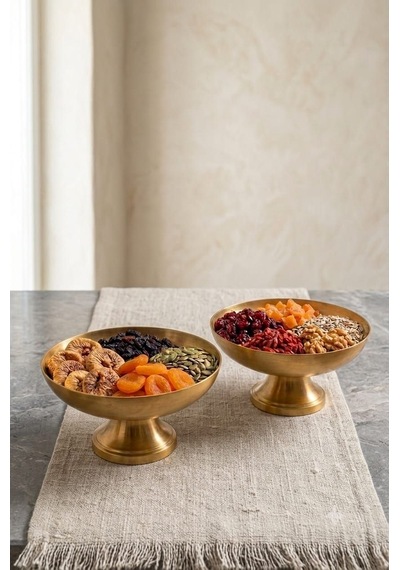 Lüks Ayaklı / Metal Çerezlik Sunumluk İkili Set - Dekoratif Kuruyemiş Ve İkramlık Kasesi Gold
