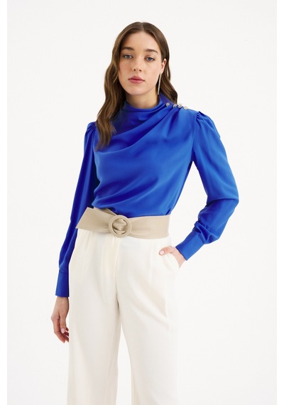 Sateen Düğmeleri Taş Detaylı Bluz - İndigo