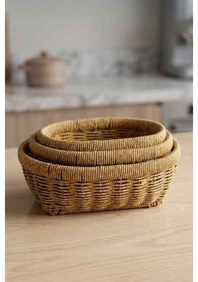 Digithome Oval Rattan 3'lü Organizer Sepet-thn76468 Kahverengi