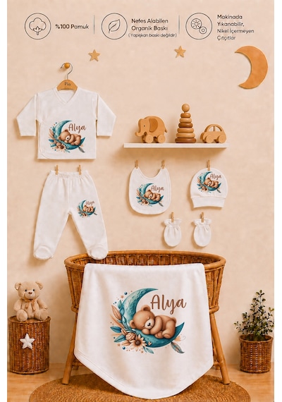 Pia Baby 10 Parça İsme Özel Kız Bebek Hastane Çıkışı %100 Pamuk Organik Baskılı 101210yx Ekru
