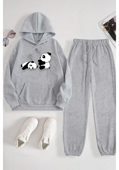 Uyguntarz Unisex Uykucu Panda Baskılı Rahat Eşofman Takımı Gri