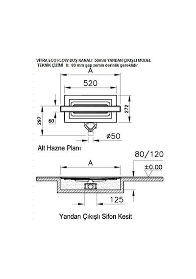 VitrA 59980478000 Eco-Flow V-Flow Dk100 60 Cm Duş Kanalı,Mat Krom Yandan Diğer