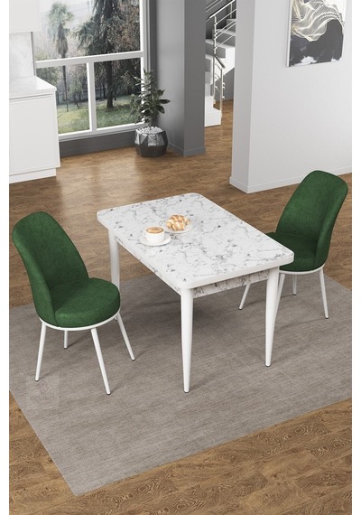 Canisa Concept Nil Serisi 70x110 Sabit Mutfak Masası Takımı Beyaz Mermer Desen Masa 2 Haki Yeşil Sandalye Masa Beyaz/sandalyeler Haki Yeşili