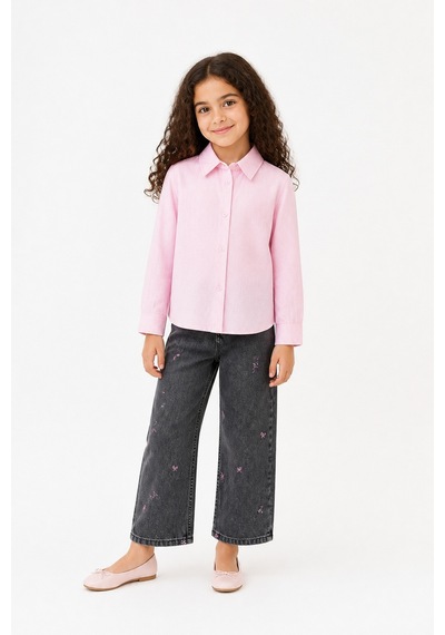 Eray Alp Kids Kız Çocuk Pembe Uzun Kollu Keten Gömlek Günlük Rahat Kombin