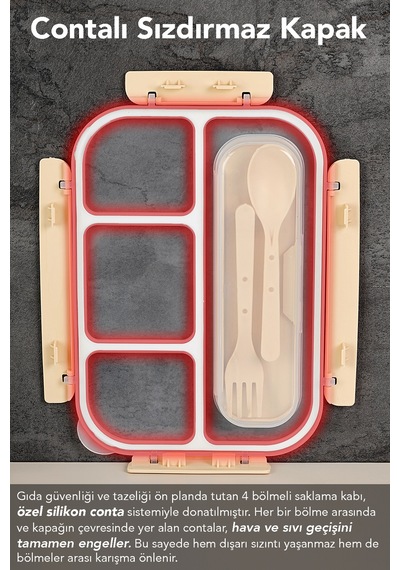 Sızdırmaz Contalı Yemek Kabı - 4 Bölmeli Çatal Kaşıklı Diyet Beslenme Kutusu Lunch Box Pembe Pembe