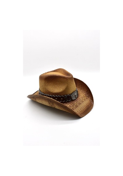 Deri Şeritli Boğa Figürlü Hasır Şapka Premium Classic Western Festival Beach Rave Hat - Standart Koyu Kahverengi