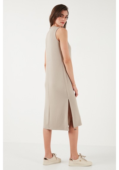 Lela Regular Fit Bisiklet Yaka Yırtmaç Detaylı Basic Midi Bayan Elbise 5866160 Taş