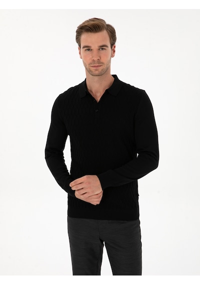 Cacharel Siyah Slim Fit Yün Karışımlı Polo Yaka Triko Kazak