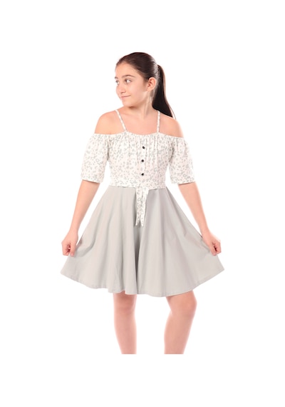 Toontoy Kız Çocuk Regular Fit Carmen Yaka Kısa Kollu Askılı Elbise - Renk Bloklu Gri