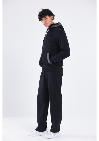 Rowinger Modal Kumaş Kapüşonlu Fermuarlı Kontrast Detaylı Erkek Sweatshirt Siyah
