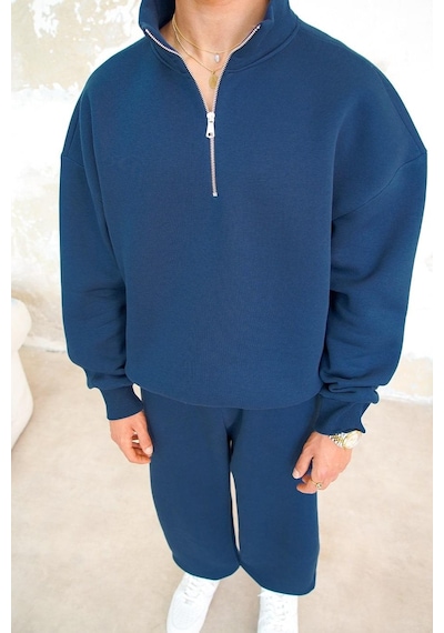 Lacivert Cozy Basic Yarım Fermuar Oversize Sweatshirt Lacivert