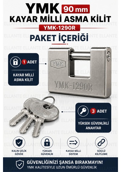 Kayar Milli Asma Kilit Ymk-1290r Kalın Çelik Gövde Yüksek Güvenlikli Paslanmaya Dayanıklı 3 Anahtarl