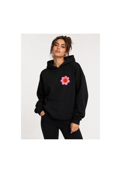 Herkesemoda Emoji Çiçek Baskılı Kapüşonlu 2 İplik Şardonlu Sweatshirt Siyah