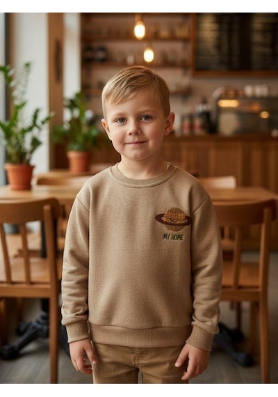 Zekids Erkek Çocuk Pamuklu Gezegen Baskılı Batik Sweatshirt-16332 Bej