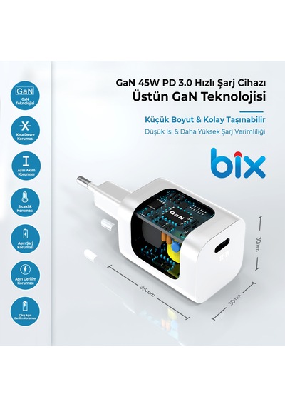 Bix Bx45g Gan Type-c Pd 45w Pps Mini Hızlı Şarj Cihazı Beyaz