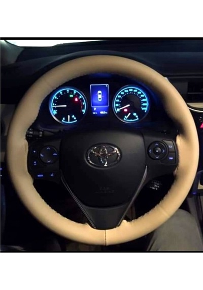 Toyota Uyumlu Corolla 2013 Direksiyon Kılıfı Bej Deri-Bej Ipli (10.Cm)