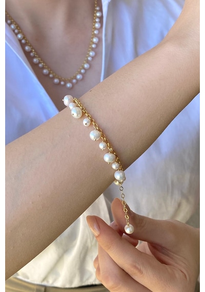 5,5 Mm Doğal İnci Sallantıllı Bileklik 20 Cm / Rose Rose Pembe Altın