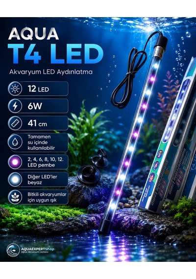 Aqua Akvaryum Işığı - Bitki Işığı - Balık Işığı - Tamamen Su İçinde Kullanılabilir - 12 Led - Pembe Beyaz - 41 Cm - Güçlü Aydınlatma - 6w