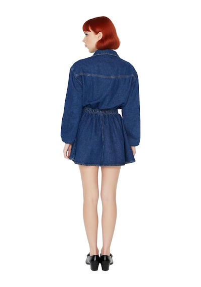 Ersefa Kadın Uzun Kollu A Kesim Skater Denim Elbise %100 Pamuk Gömlek Ya Lacivert