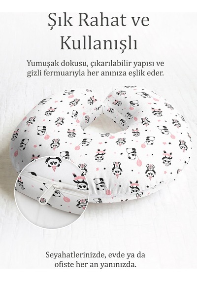 Sevimli Panda Desenli Pamuklu Boyun Yastığı - Pastel Pembe Siyah Yıldızlı Seyahat Yastığı Koyu Adaçayı Somon