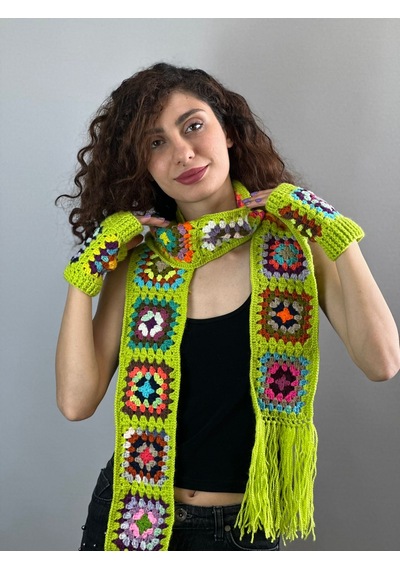 Gönülden Tasarım El Örgüsü Etnik Motif Desenli Atkı Eldiven Set Atkı 180 Cm Fıstıkyeşil