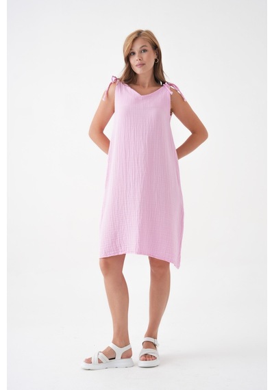 Mg Otantik %100 Pamuk Müslin Kumaş İp Askılı Elbise Mg-20251 Pembe