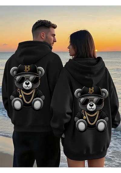 Nevermind Sevgili Kombini Oversize Hoodie Cool Ayıcık Baskılı 3 İplik Swe Siyah