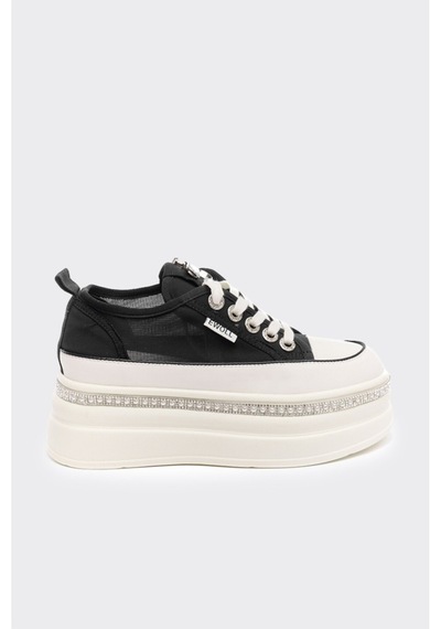 Derinet Yüksek Taban Bağcıklı Fileli Günlük Kadın Sneaker Siyah Siyah