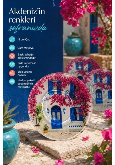 6 Lı Cam Çay Tabağı Mavi Panjur Ve Begonvil Desenli 12 Cm, 6 Adet Çay Tabak