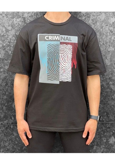 Flood Of Style Erkek Antrasit Crımınal Baskılı Oversize Bisiklet Yaka Tshirt Gri