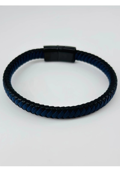 Siyah Deri / Çelik Erkek Deri Bileklik 20 Cm - Ebl0059