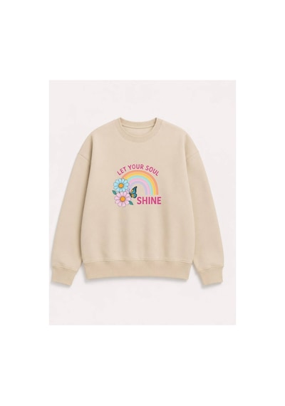 Herkesemoda Gökkuşağı Baskılı 2 İplik Şardonlu Bisiklet Yaka Sweatshirt Bej