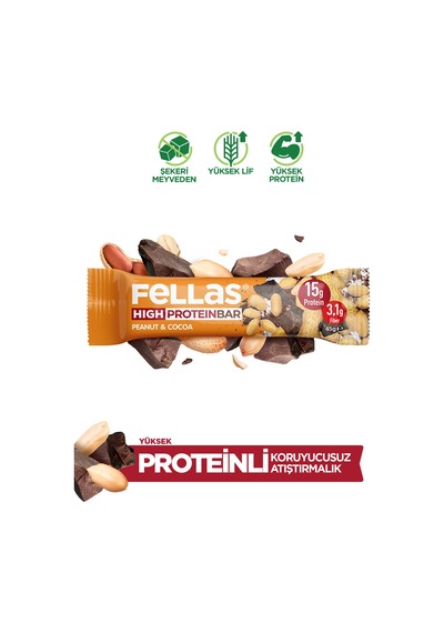 Fellas Yer Fıstığı ve Kakaolu Yüksek Protein Bar 45 Gr x 12 Adet