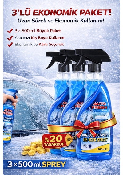 3'lü Araç Buz Çözücü Sprey Araba Cam Kaporta Buzlanma Önleyici 500 Ml X 3 Adet