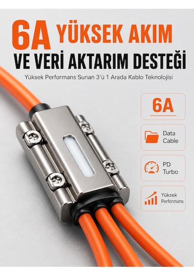 120w Hızlı Şarj Destekli 3'ü 1 Arada Çok Amaçlı Şarj Ve Veri Aktarım Kablosu Android