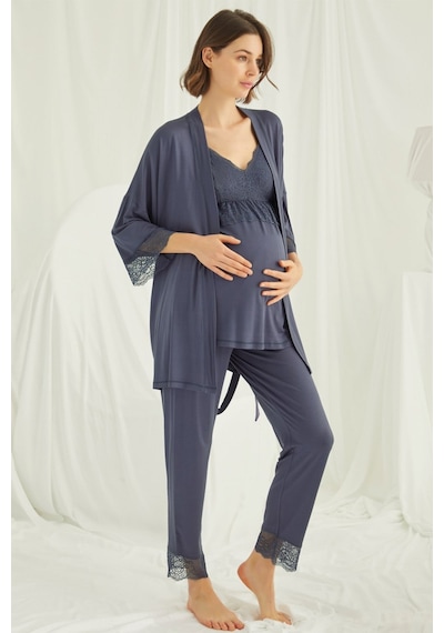 Lohusa Sepeti Lohusasepeti Dantelli Sabahlıklı Askılı Lohusa Pijama Takımı Lacivert - 18432 001