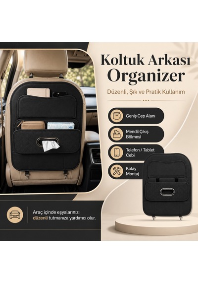 Araç Koltuk Arkası Organizer Deri Görünümlü Çok Gözlü Mendil Çıkışlı Siyah