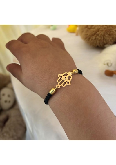 M Harfine Özel Siyah İpek Örgülü Hamsa Motifli 14 Ayar Altın Plakalı Hediye Bileklik-509harf M